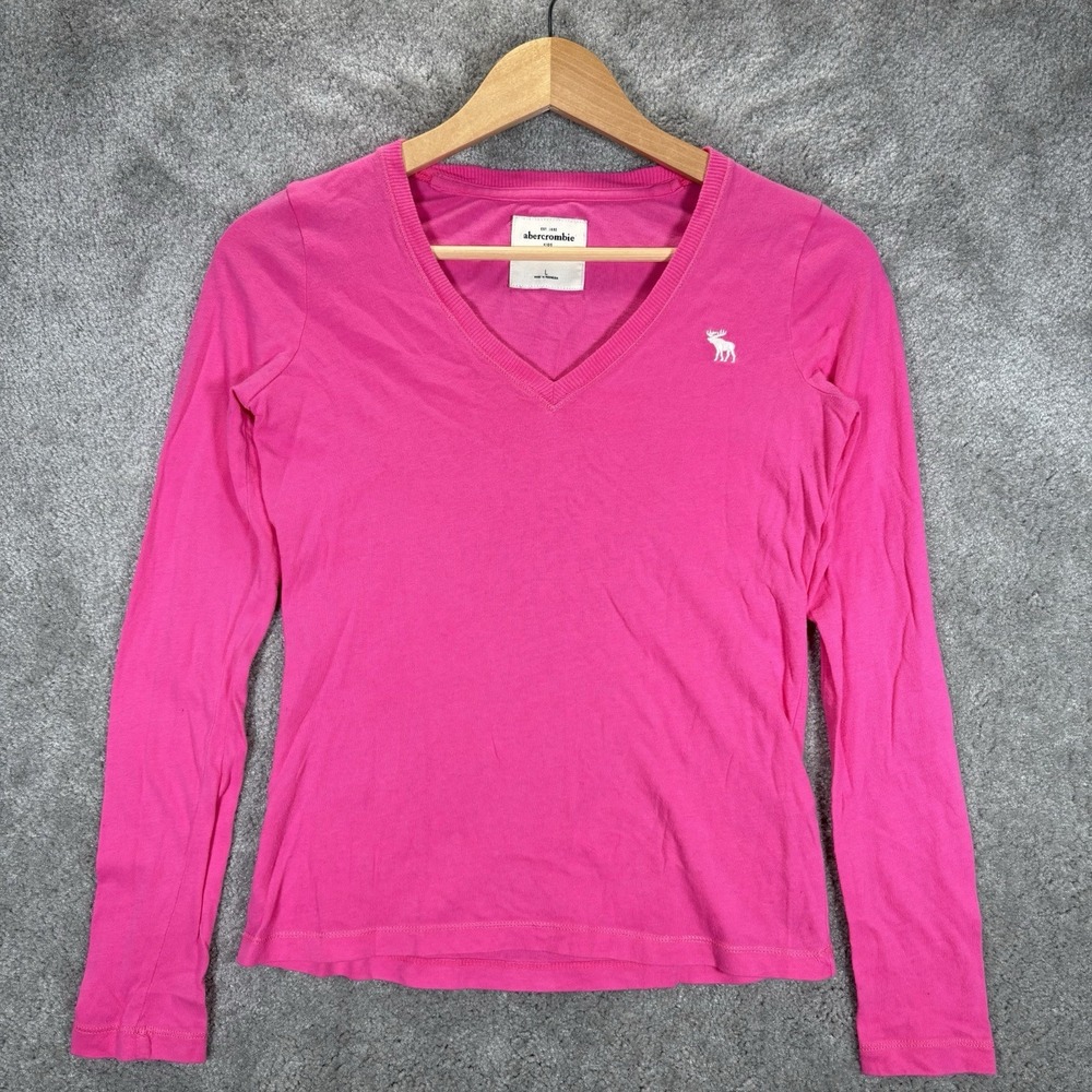 Vintage Abercrombie Kids Shirt Youth Girls L Pink Cotton Long Sleeve V Neck Y2K